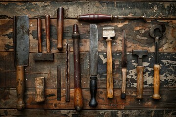 Poster - Assortment of knives placed on a wooden surface, suitable for still life or culinary-themed images