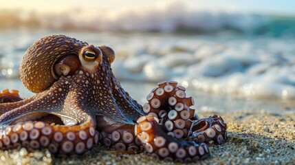 Poster - A close-up shot of an octopus on a beach, perfect for using in illustrations or as a symbol