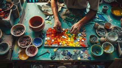 Canvas Print - A person creates a mosaic on a table