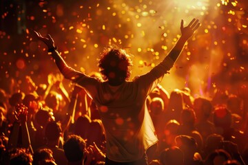Poster - A man stands among a crowd at a concert, energetic and enthusiastic
