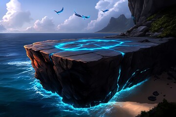 Poster - A fantastical seaside cliff, where waves glow with mystical light and enchanted birds soar over the ocean, blending natural beauty with fantasy.