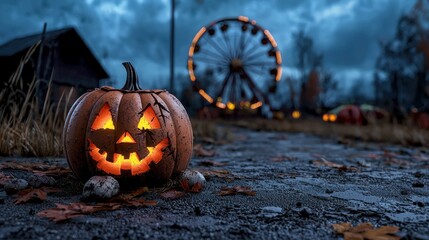 Glowing Halloween pumpkin on a spooky path with a ferris wheel in the background.