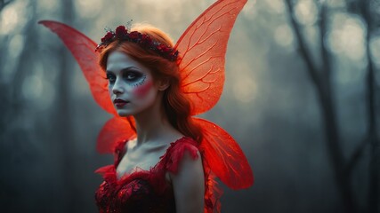 abstract eerie glowing red closeup of a Halloween fairy on misty background, bokeh background