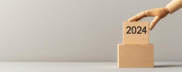Wall Mural - wooden blocks with 2024, hand placing block, neutral background, year preparation.