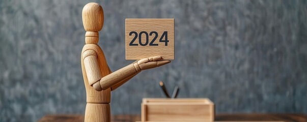 Wall Mural - wooden mannequin holding a block with the year 2024 on a stylish work desk.