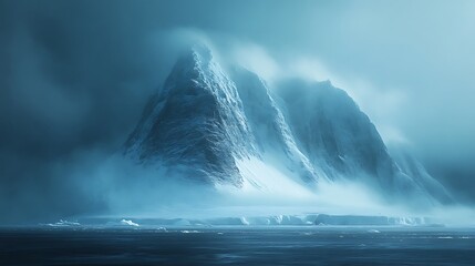 Wall Mural - A snow-covered mountain peak rises dramatically from the sea, shrouded in mist and bathed in a soft, ethereal light.