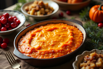 Baked sweet potato casserole with holiday garnishes on table