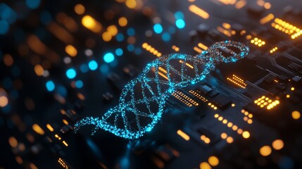 Poster - A digital representation of a DNA strand against a circuit board background, symbolizing genetic engineering and technology.
