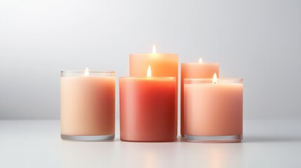 Poster - A group of candles in different sizes is artfully arranged in a loose circle. The warm glow of the flames creates a peaceful and calming atmosphere on a smooth white surface