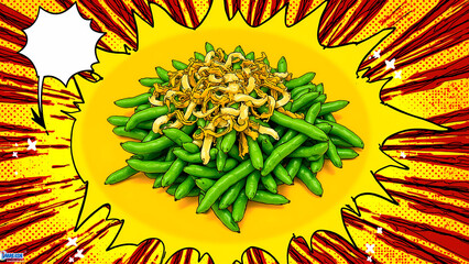 Pop art green beans with crispy onions on vibrant yellow background