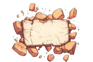Rugged stone frame with broken edges, white isolated background. transparent background
