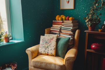 Cozy reading nook with a comfy yellow chair and a stack of colorful books. A vibrant green wall adds a cheerful touch. Perfect for relaxation and inspiration. Generative AI