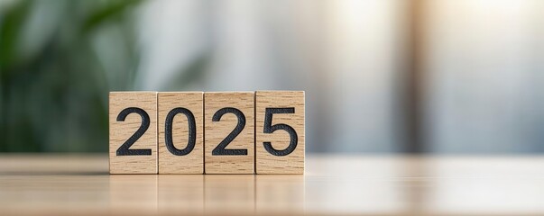 Wall Mural - wooden blocks displaying the year 2025 on a soft blurred background.