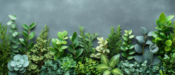 Lush green botanical plants arranged beautifully on textured background 