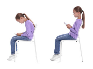 Wall Mural - Good and bad posture, collage. Girl sitting on chair and using mobile phone against white background