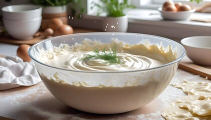 Wall Mural - Delicate onion crepes batter preparation in a blender bowl on a bright surface for Maslenitsa celebration