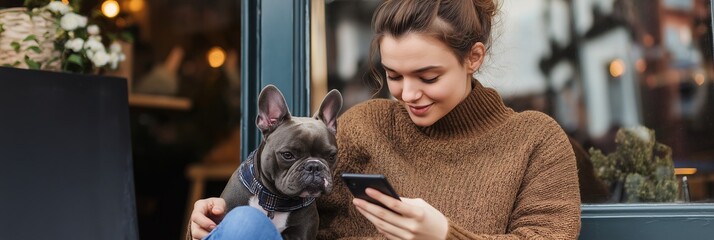 Sticker - A woman is sitting outside with her dog and looking at her phone. The dog is wearing a blue bandana