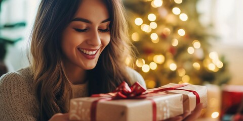 Wall Mural - A woman is holding a present and smiling. The present is wrapped in red and white. The woman is in a room with a Christmas tree