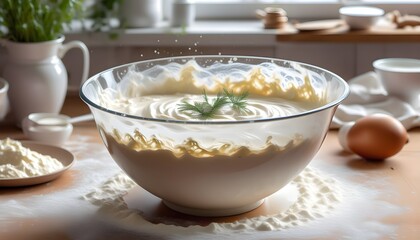 Wall Mural - Delicate onion crepes batter preparation in a blender bowl on a bright surface for Maslenitsa celebration