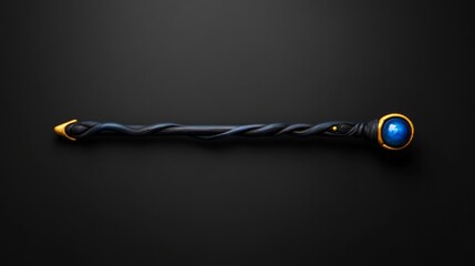 Mystical Staff with Blue Gem: An intricate,  black staff with a swirling design, topped with a vibrant blue gem and golden accents, rests against a dark background.