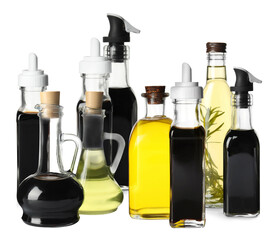 Wall Mural - Tasty balsamic vinegar and oil on white background, set