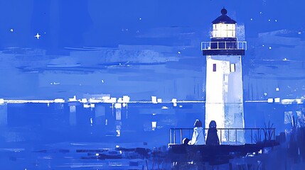 Two figures watch the lighthouse shine in the night.