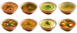© dinastya - Different soup in bowls set isolated Png, transparent without background.