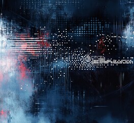 Aufkleber - A digital abstract piece featuring blue and red hues, showcasing a technological theme with blended textures.