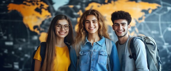 Diverse group of smiling students with world map background. Global education and cultural exchange. World Students Day concept