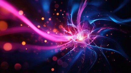 Poster - Abstract colorful light trails in a dark background with glowing particles.