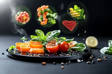Poster - A futuristic blood type diet plan displayed on a high-tech board, with holographic foods tailored for each blood type floating above the plate.
