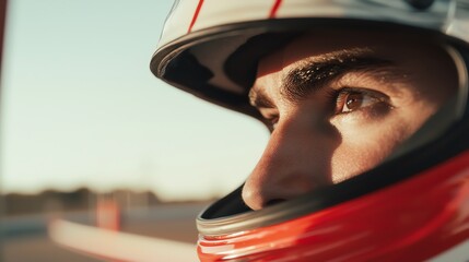 Close-up of a focused race car driver in a helmet, showcasing determination and readiness on the track during sunset.