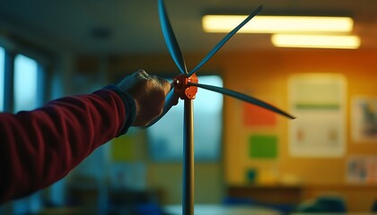 Poster - Engineer Rotating Blades of Wind Turbine Model in Workshop