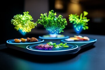 Poster - A futuristic blood type diet plan displayed on a high-tech board, with holographic foods tailored for each blood type floating above the plate.