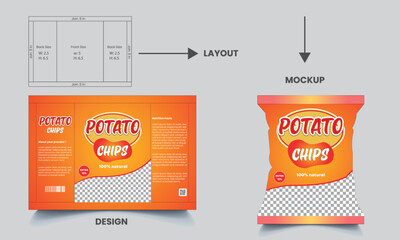 Potato chips package design, realistic vector design potato chips packaging, 100% natural chips, packaging, vector illustration with mockup