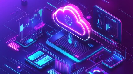 Poster - A colorful neon cloud hovering over devices symbolizes cloud computing and digital data storage solutions.