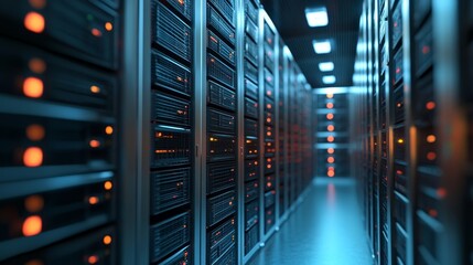 Poster - A sleek image of a technologically advanced data server room with blue glowing lights, depicting modern data storage solutions.