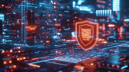 Poster - A neon orange shield symbolizes advanced digital security, guarding intricate circuit patterns within a technological landscape.