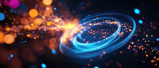 Poster - Vibrant light swirl with glowing particles creates a captivating abstract background for digital designs and artworks.