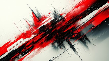 Aufkleber - Abstract red and black paint splashes dynamically across a white background, evoking intensity and dynamic movement.