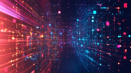 Poster - Abstract digital tunnel with glowing particles and lines.