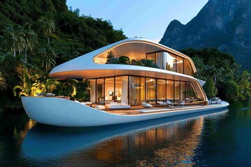 Poster - A futuristic floating city surrounded by scenic natural beauty, where advanced technology coexists with lush forests and clear waters, creating a sustainable future.