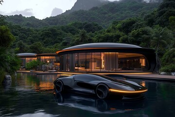 Poster - A futuristic floating city surrounded by scenic natural beauty, where advanced technology coexists with lush forests and clear waters, creating a sustainable future.