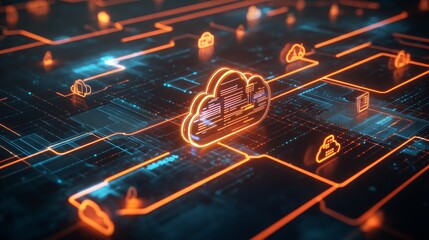 Poster - This image showcases a digital network concept with glowing cloud symbols, highlighting modern technology themes.