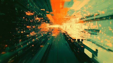 Digital artwork features a vibrant array of green and orange blocks, symbolizing speed, progress, and tech innovation.