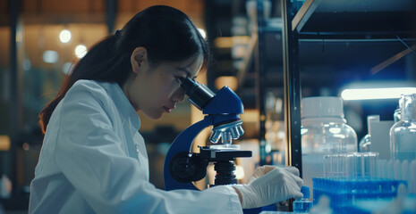 Poster - A woman in a lab coat is looking through a microscope