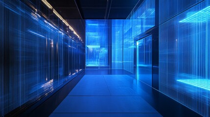 Aufkleber - A cutting-edge data center with glowing blue panels, reflecting advanced data storage and technological infrastructure.