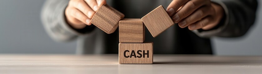 Hands arranging wooden blocks with 'CASH' on a table, soft light background.