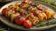 © AIFrames T - Grilled Halloumi, Tomato, and Pepper Skewers on a Plate with Rosemary