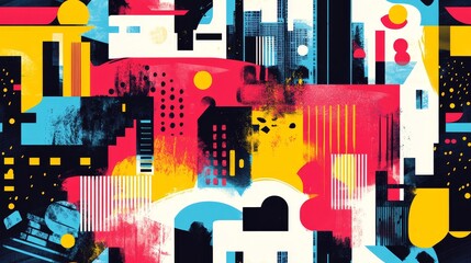 Colorful abstract representation of a cityscape uses bold geometric shapes and vibrant colors, capturing a dynamic and energetic urban setting.